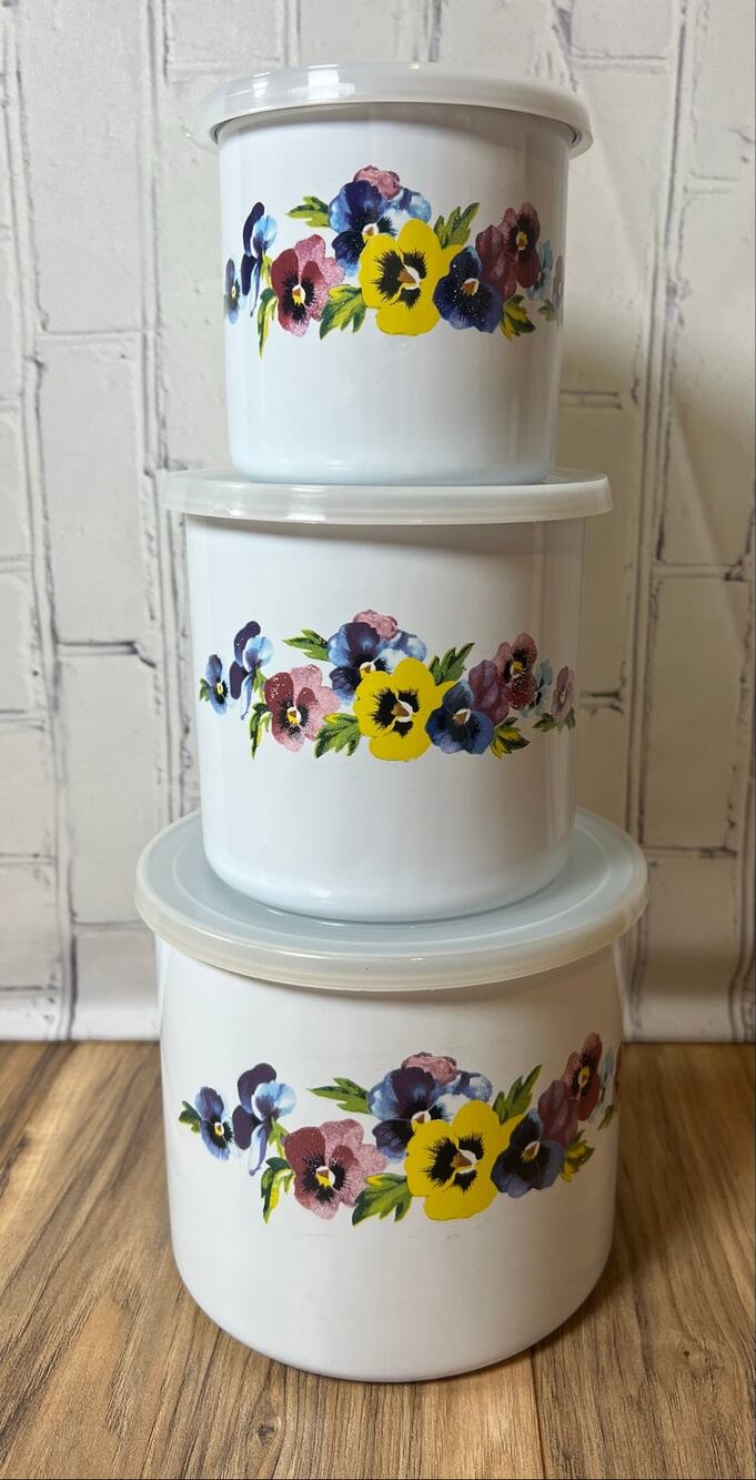 GMI Pansy Floral Enamelware Kitchen Canisters Set of 3 with Lids Cottagecore